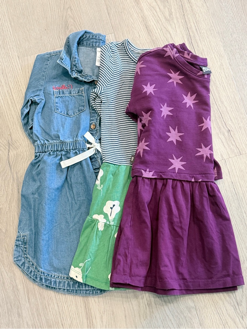 Lot of 3 - Tea Collection (2) & Carters (1) Dresses - Purple/Green/Denim (4)